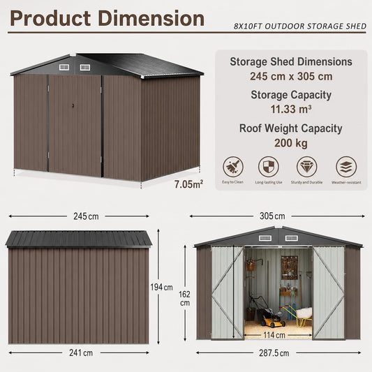 10 x 8ft Large Galvanised Metal Garden Storage Shed with Lockable Doors