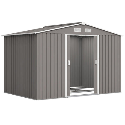 9 x 6ft Galvanised Metal Garden Storage Shed with Double Doors & Foundation Kit