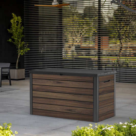 575L Outdoor Garden Storage Box with Wood Effect Finish & Seating